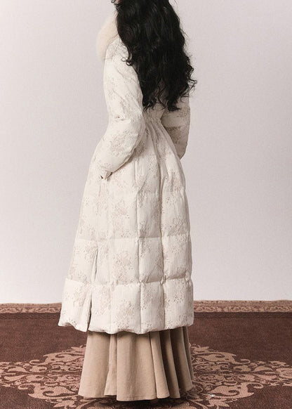 Beige Fur Collar Print Button Tunic Maxi Down Jackets Winter