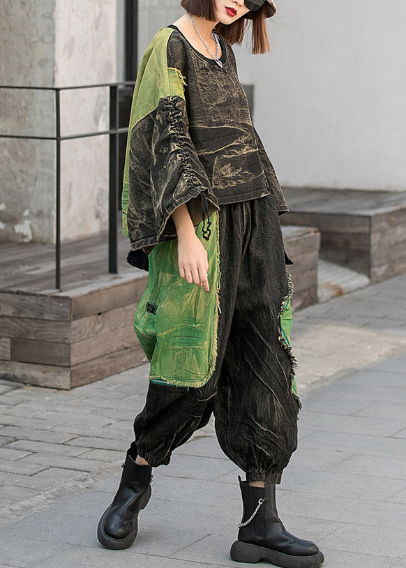 Modern Black O-neck Asymmetrical Design Patchwork Denim Tops and Harem Pants Two Piece Set Spring
