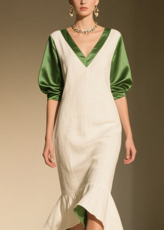 Colorblock Ruffled Patchwork Linen Silk Dress Summer