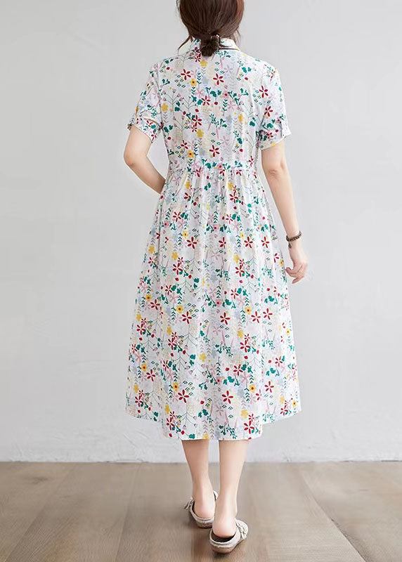 Half Sleeve O-neck Pleated Print Maxi Dress