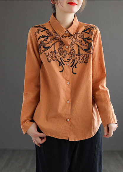 Orange Turn-down Collar Embroideried Cotton Shirt Top Long Sleeve