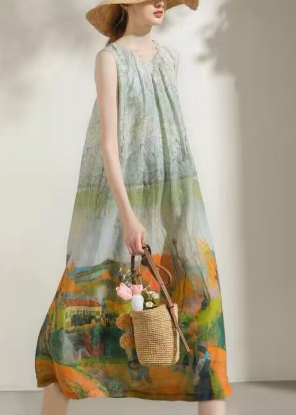 French Green O-neck Print Cotton Long Dress Sleeveless