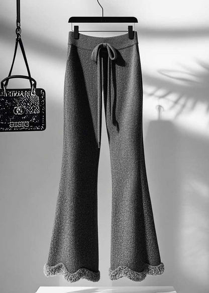 Grey Cozy Elastic Waist Knit Flared Trousers Fall