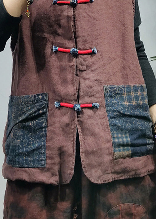 Chocolate Linen Vest Tops Patchwork Pockets Spring