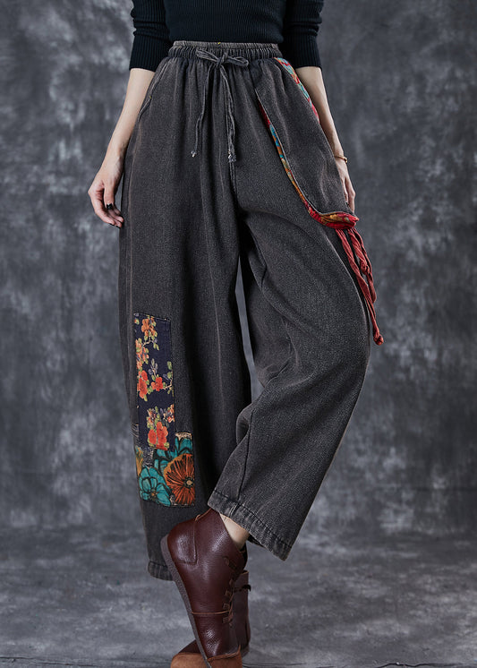 Black Oversized Patchwork Applique Denim Pants Summer