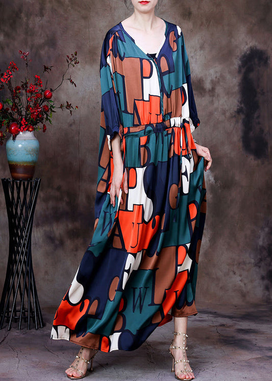 Colorblock V Neck Drawstring Letter Print Chiffon Long Dresses Summer