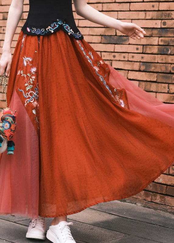 Red Embroideried Tulle a Line Skirt Summer