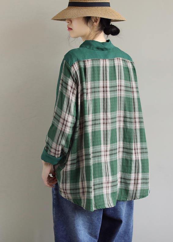 Lapel Patchwork Spring Blouse Fabrics Green Plaid Shirts