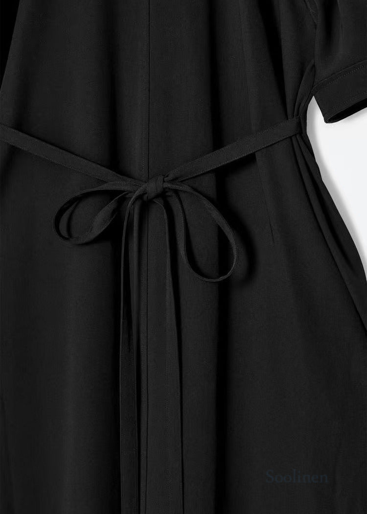 Black Puff Sleeve Tie Waist Cotton Party Dress