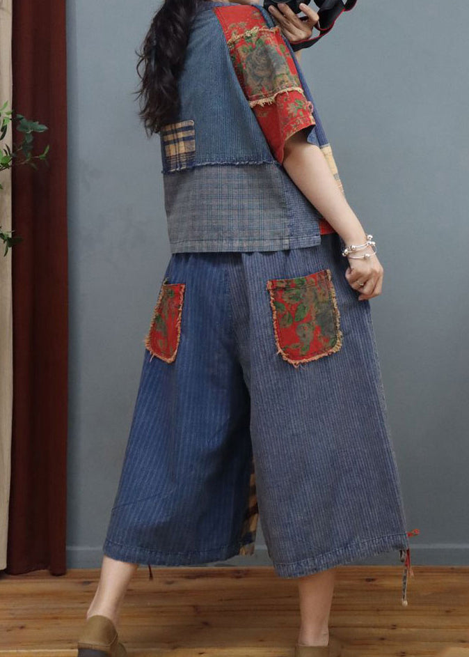 Boutique V Neck Print Patchwork Top and Wide Leg Two Pieces Set Fall