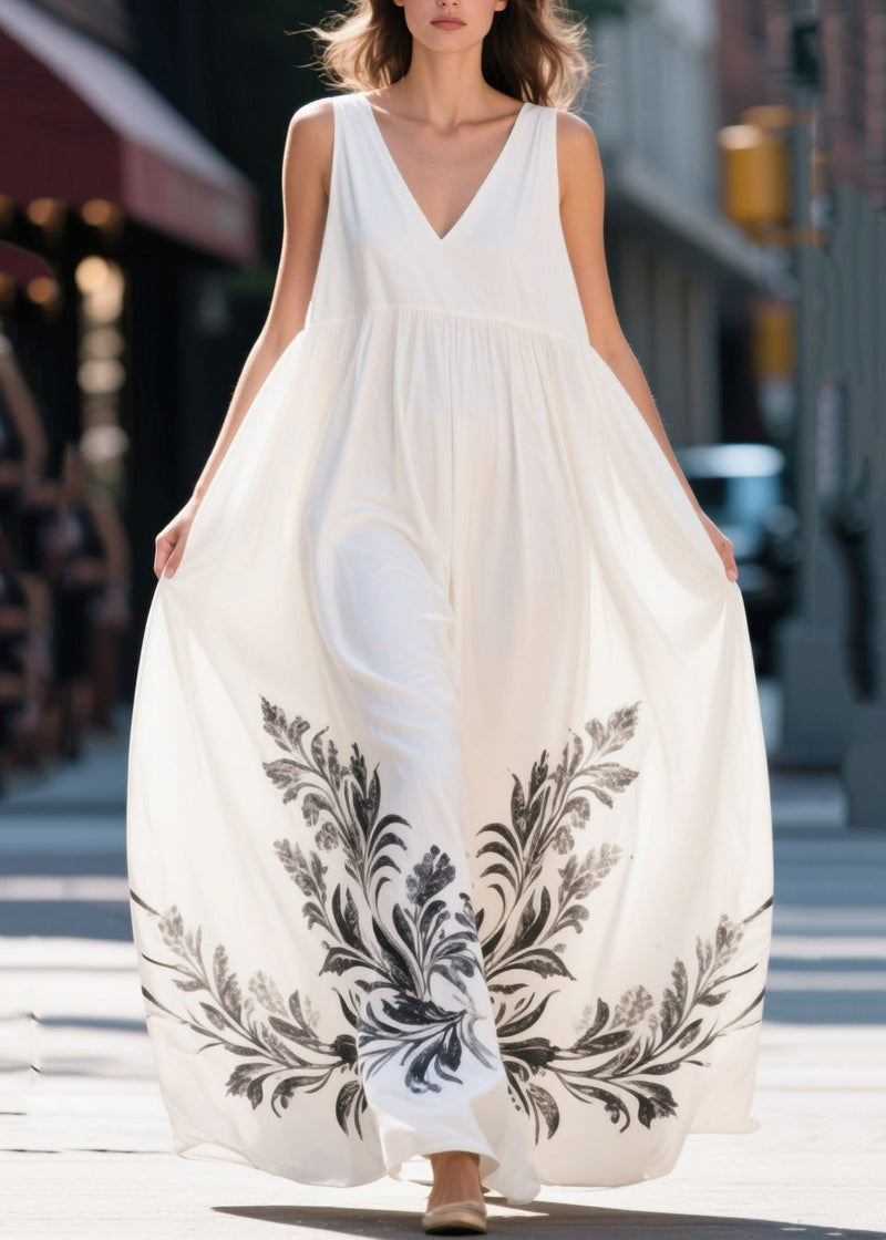 White Oversized Print Chiffon Long Dresses Summer
