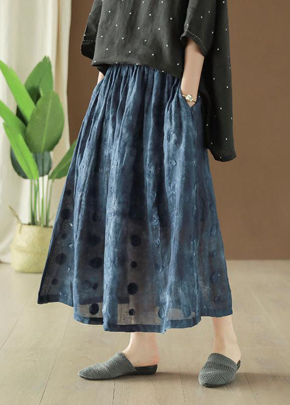 Navy Wrinkled Pockets Patchwork Linen Skirts Summer