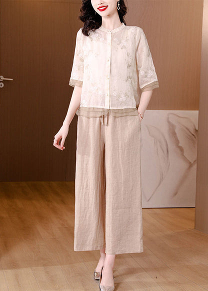 Art Apricot Embroidered Patchwork Linen Two Pieces Set Half Sleeve