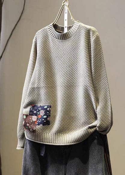 Diy Khaki Oversized Patchwork Applique Knit Sweater Winter