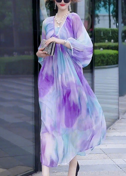 Gradient Color V Neck Print Wrinkled Chiffon Dress Long Sleeve