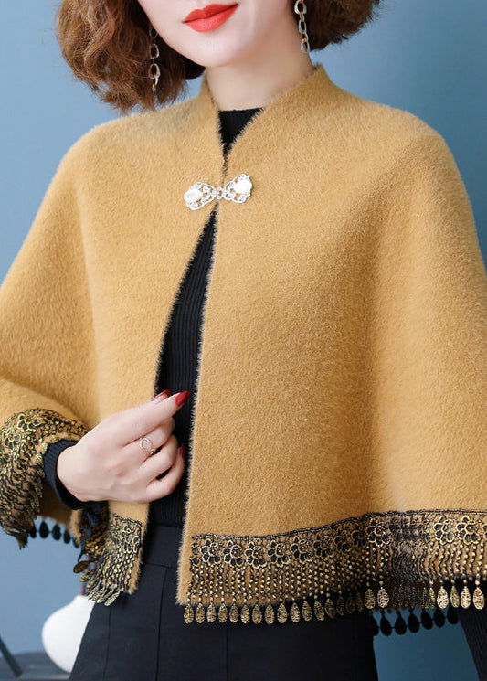 Yellow Stand Collar Tasseled Pockets Patchwork Mink Velvet Coats Fall