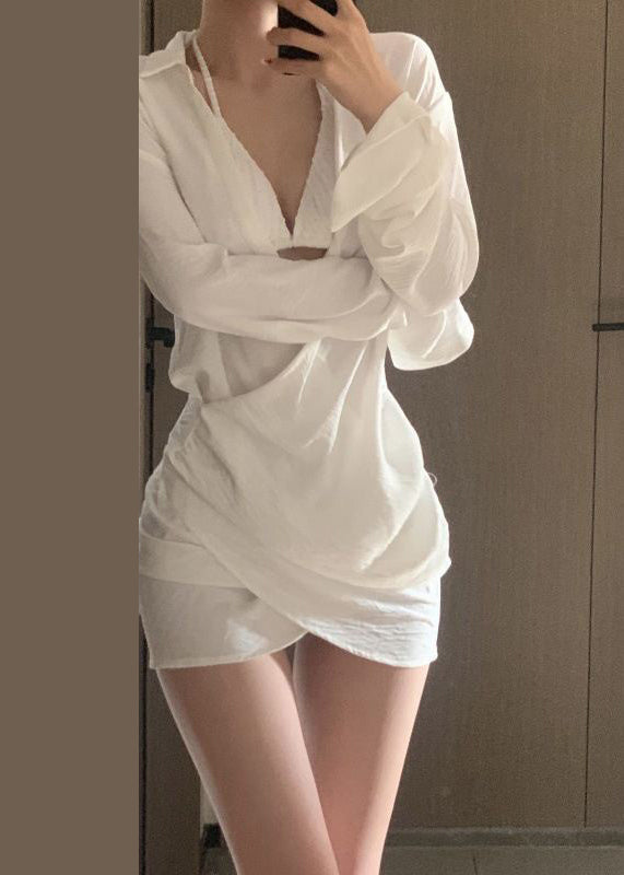 White V Neck Cotton Shirts Dress Fall