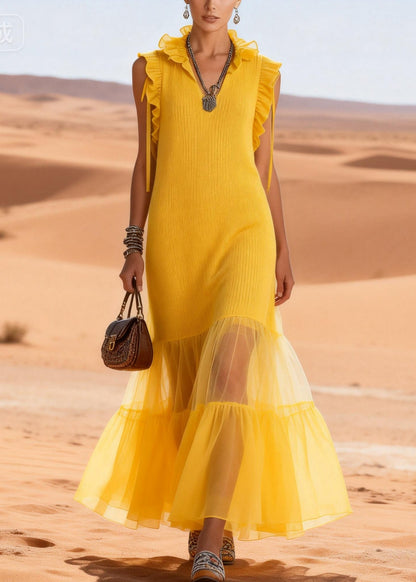 Yellow V Neck Ruffled Tulle Patchwork Cotton Knit Long Dress Sleeveless
