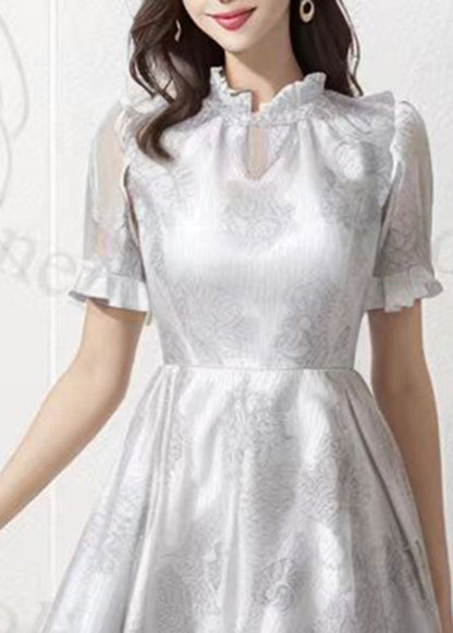 Novelty Silver Stand Collar Ruffled Patchwork Silk Vacation Maxi Dresses Short Sleeve