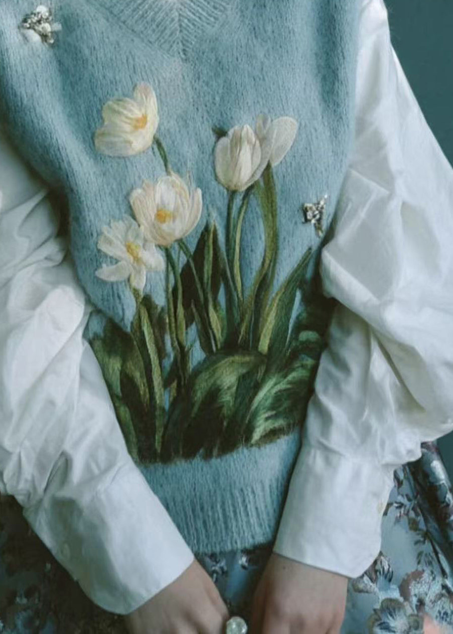 Blue V Neck Embroidered Knit Vest Sleeveless