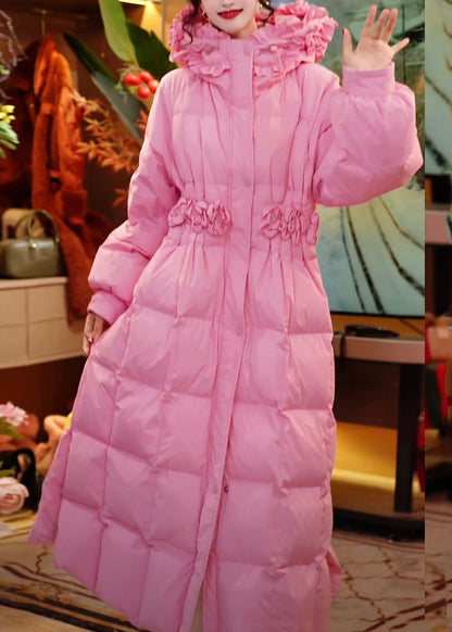 Pink Hooded Ruffled Side Open Duck Down Down Long Coats Winter