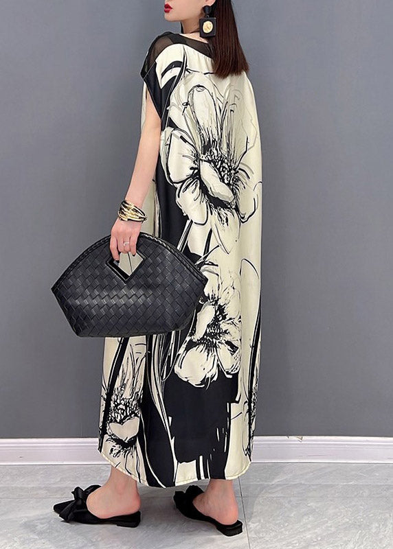 Boutique White O-neck Print Tie Waist Chiffon Dress Short Sleeve