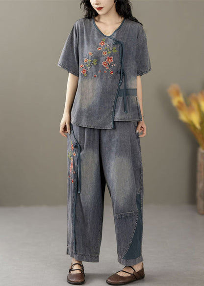 Blue Embroidered Tops and Crop Pants Denim Two Pieces Set Summer