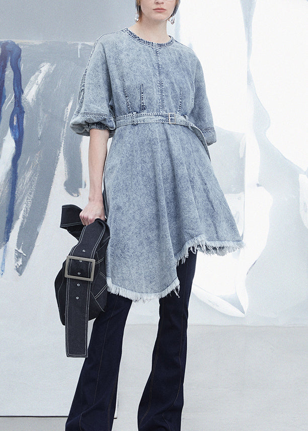 Light Blue Tassel Asymmetrical Patchwork Denim Dress Summer