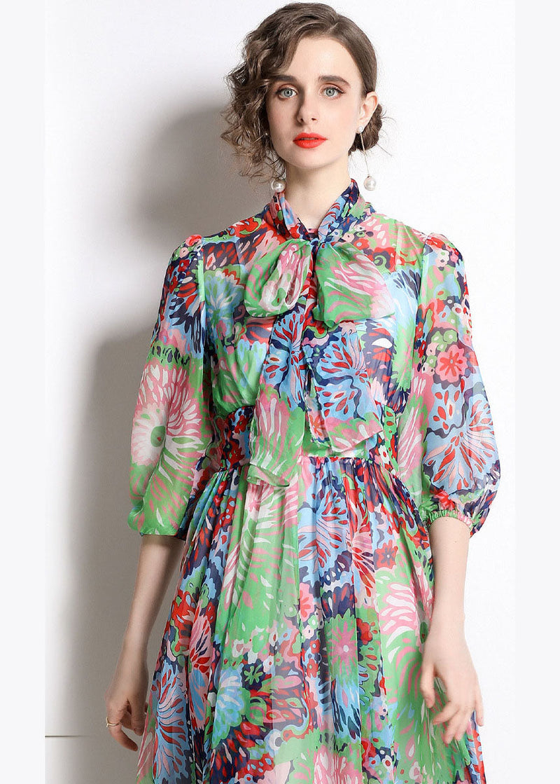 Green Zip Up Print Chiffon Cinch Dress Half Sleeve