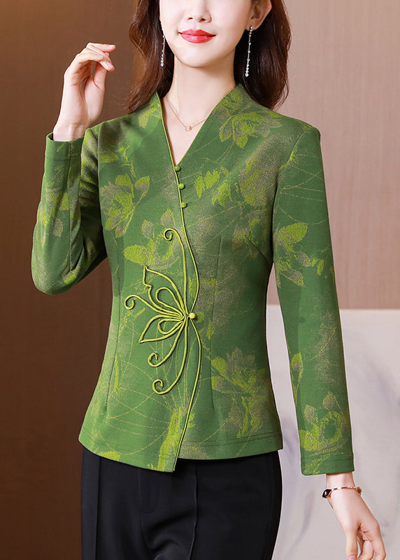 Green V Neck Patchwork Slim Fit Silk Tops Spring