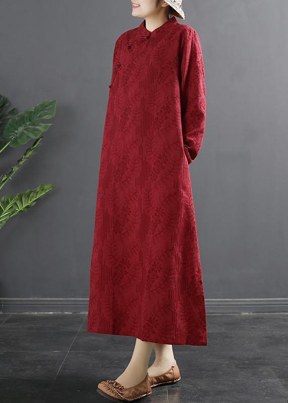Classy Red Jacquar Dresses Stand Collar a Line Dress
