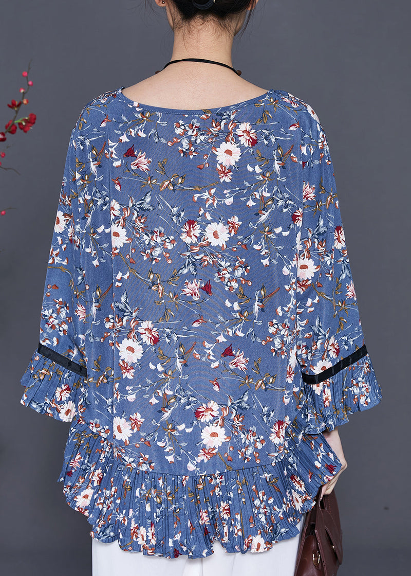 Blue O-neck Print Chiffon Blouse Top Summer