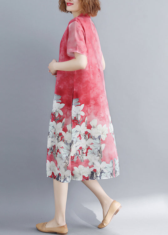 Red Stand Collar Side Open Cheongsam Dress Short Sleeve