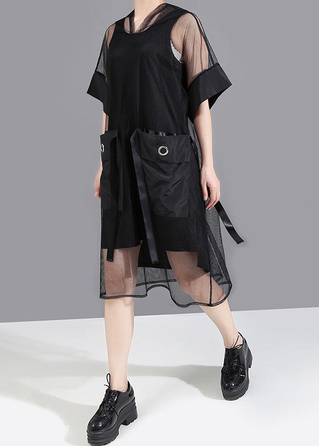 Summer Woman Black Mesh Hooded Dress