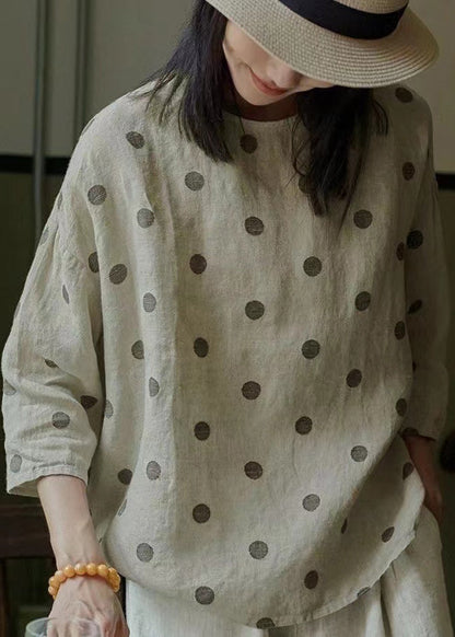 O Neck Dot Jacquard Linen Blouse Tops Bracelet Sleeve