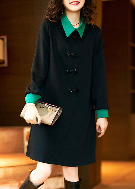 Black O-neck Button Mid Dress Fall