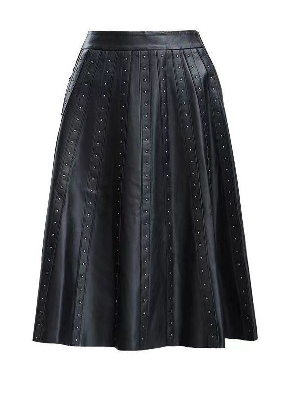 Black Wrinkled Rivet High Waist Sheepskin Skirts Spring