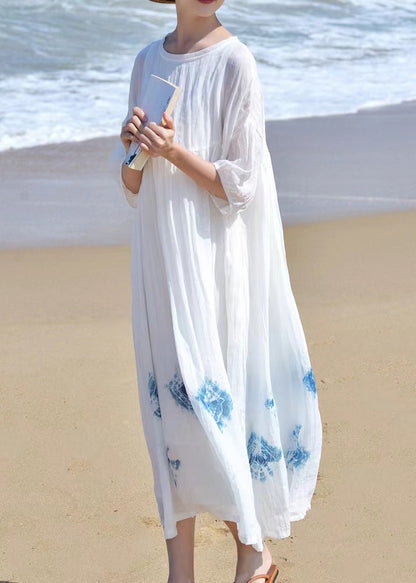 White O Neck Tie Dye Linen Dress Bracelet Sleeve
