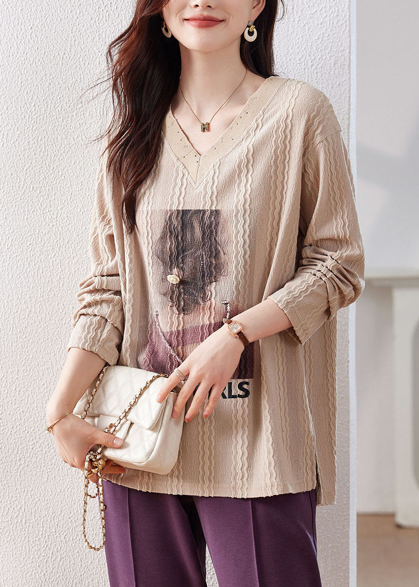 Apricot Print Patchwork Low High Design Tops Long Sleeve
