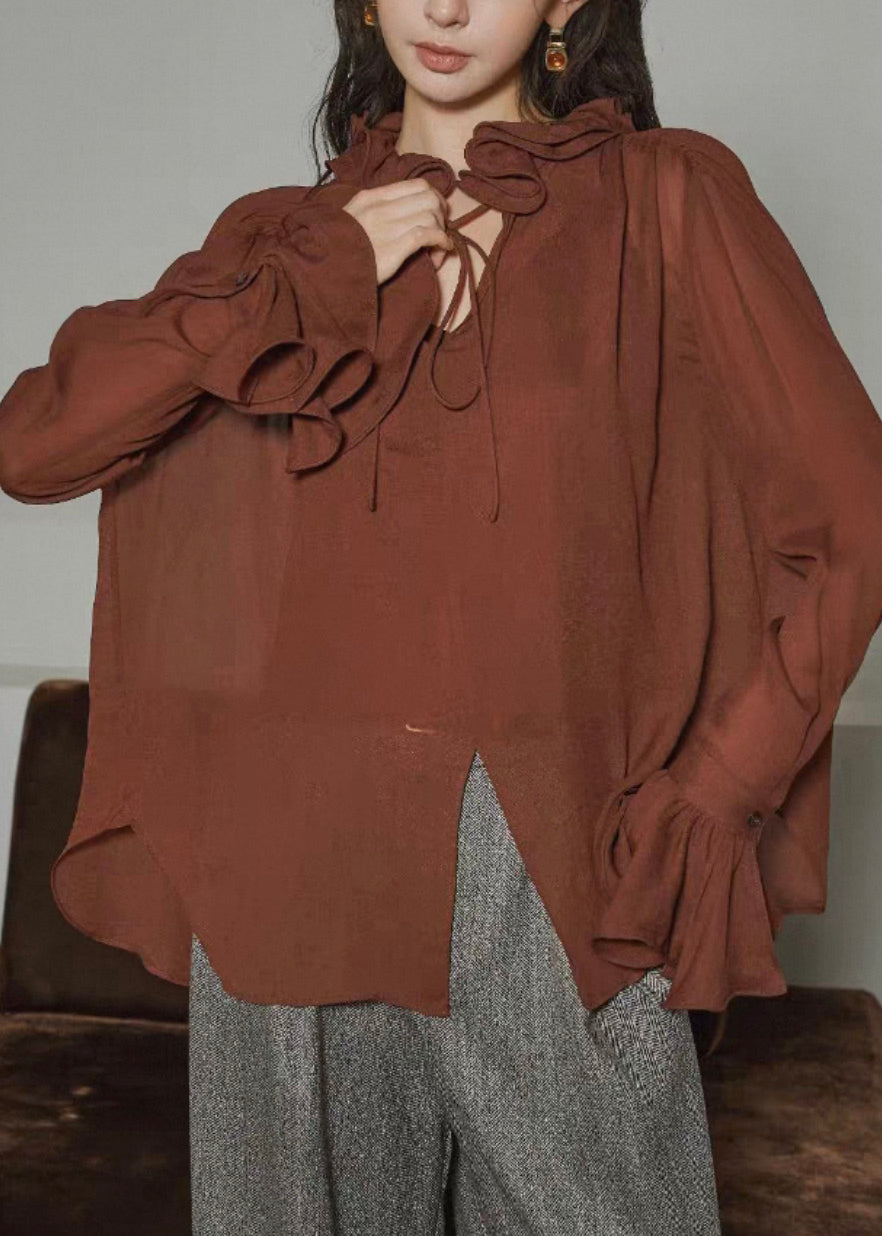 Coffee Ruffled Lace Up Silk Cotton Shirts Fall