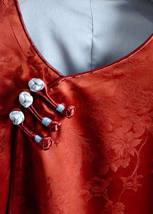 Orange Chinese Button Jacquard Patchwork Silk Blouses Spring