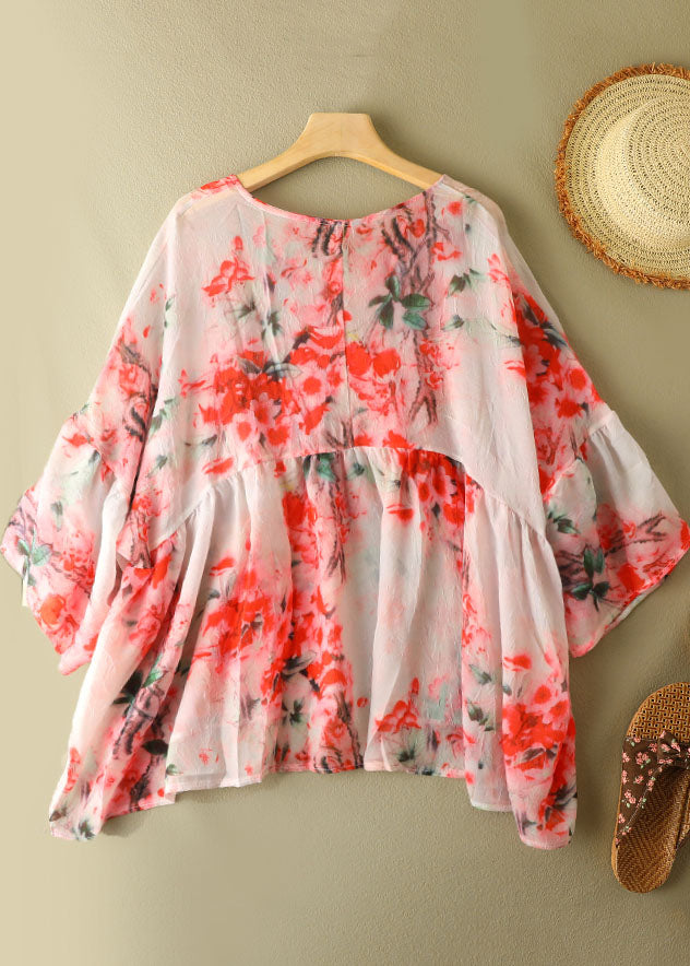 Light Pink Print V Neck Patchwork Wrinkled Cotton Top Short Sleeve