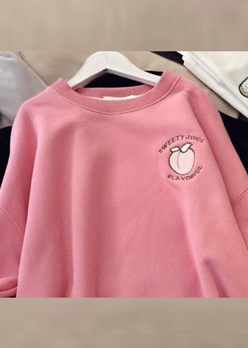Pink O-neck Print Patchwork Fleece Sweatshirt Winter