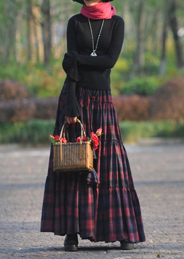 Atyle Mulberry Plaid Wrinkled Patchwork Exra Large Hem Cotton Skirts Spring