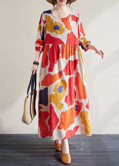 Loose Red O-neck Print Wrinkled Long Dresses Long Sleeve