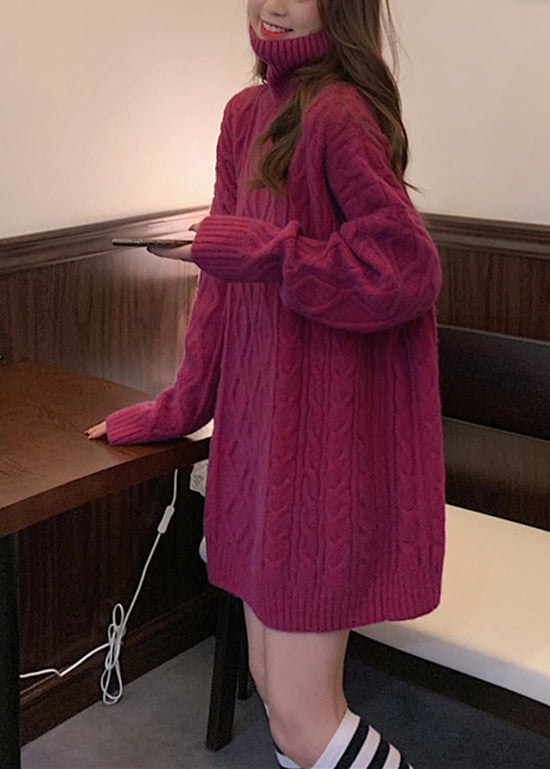 Blue Hign Neck Patchwork Cable Knit Sweater Dress Winter
