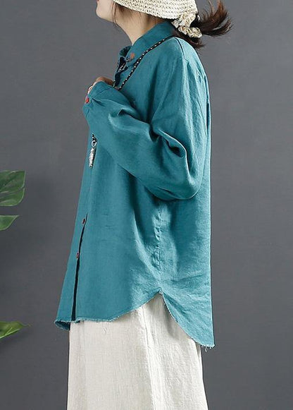 Blue Blouses for Lapel Embroidery Baggy Blouse