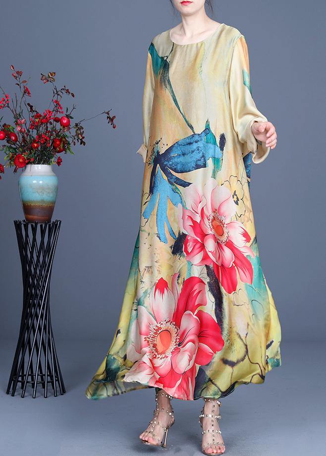 Fitted Yellow Print Long Sleeve Chiffon Maxi Dresses Summer