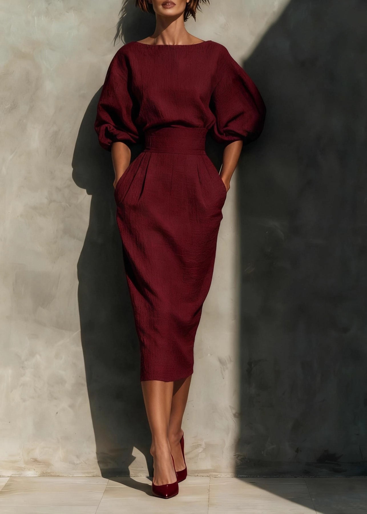 New Orange Pockets Puff Sleeve Cotton Long Dresses Spring