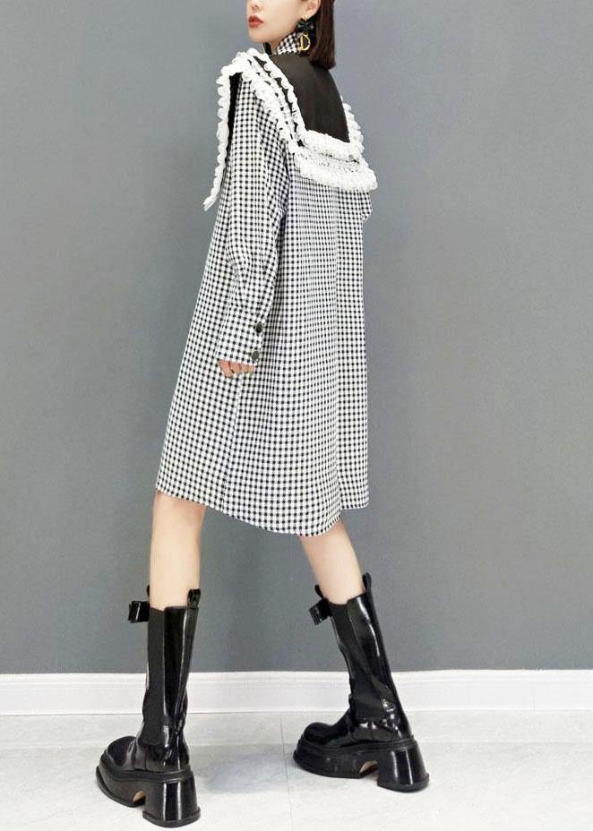 Italian Grey Plaid Peterpan Collar Button Dresses Fall Long Sleeve